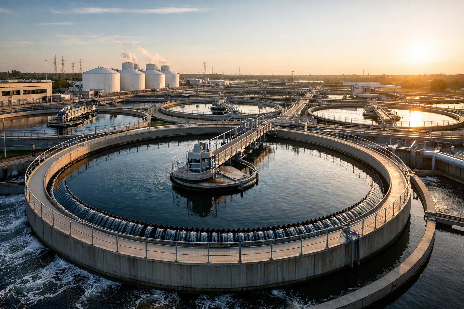 Large circular sedimentation tanks and industrial infrastructure at a water treatment plant during sunrise, with calm reflective water and warm golden light